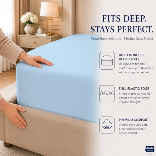 Cottingon 4 Piece Twin Sheets Fits 16" Deep, Egyptian Cotton, Light Blue - Image 7
