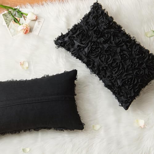 MIULEE Decorative Rose Flower Pillow Cover Pack of 1 Black 12x20 Inch - Image 3
