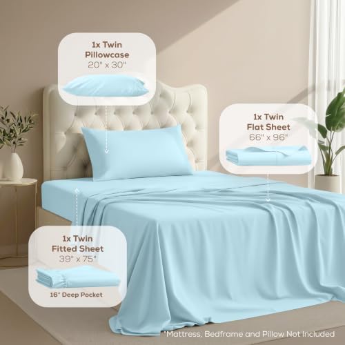 Twin Sheets Set, 3 Pieces 16" Deep Pocket Hotel Luxury Bed Sheets, Ice Blue - Image 2