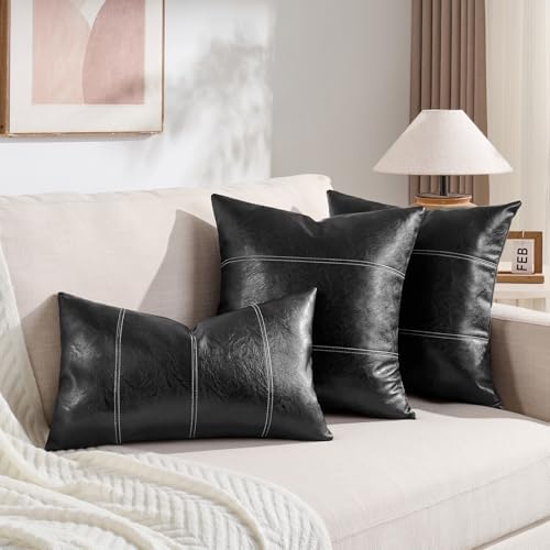 Fancy Homi Black Boho Faux Leather Decorative Throw Pillow Covers 18x18 Inch - Image 6