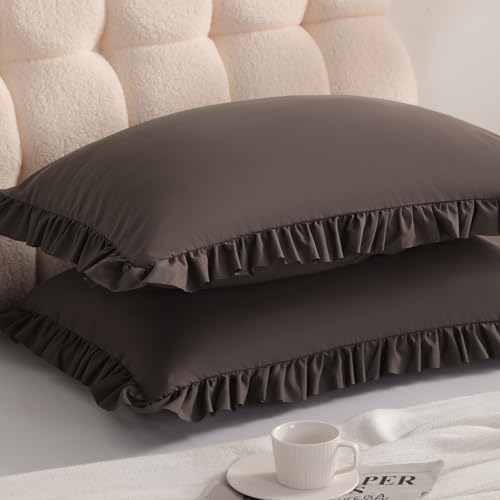 Ruffled King Pillow Shams, 2 Pack, 20x36 Inches, Dark Brown by Aerlomi