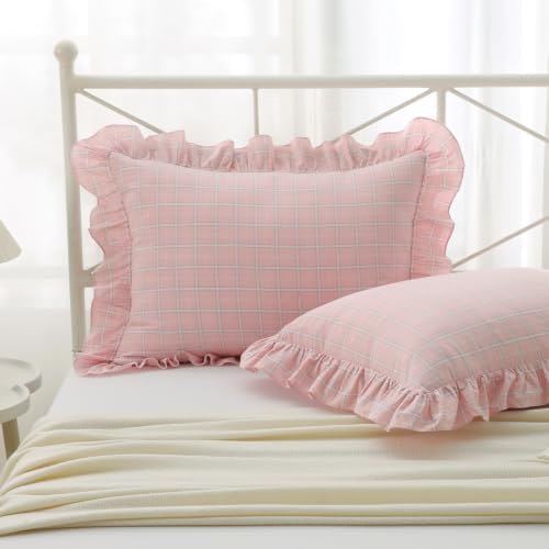 Mywinlle 2 Pack Blush Pink Plaid Ruffle Standard Size Pillow Shams -20"x26" by Mywinlle