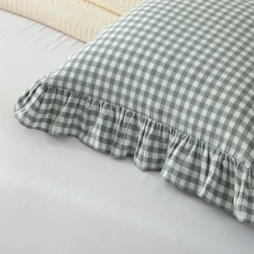 Mywinlle Dusty Green Gingham Plaid Ruffle Throw Pillow Covers 20"x20" - Image 4