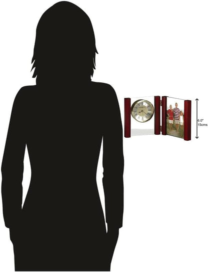 Howard Miller Alex Tabletop Clock, Wood Finish Side Columns Golden Analog Display | Battery Powered Quartz Alarm Movement Crystal Clock, Perfect for Office Room and Home Decor