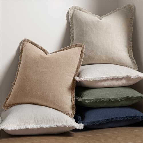 MIULEE Boho Linen Fringe Decorative Throw Pillow Covers Camel 18x18 - Image 5