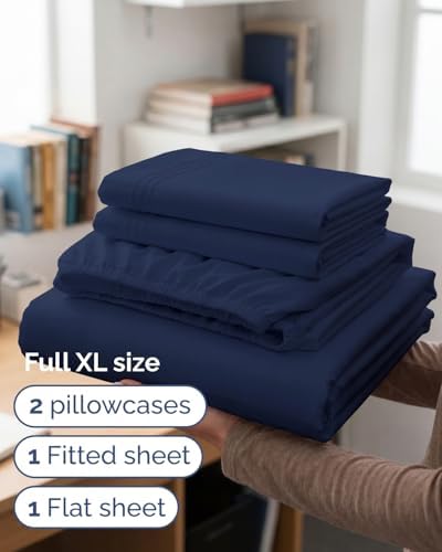 Full XL Sheets - 4 Piece Full XL Sheet Set - Cool & Breathable - Navy Blue - Image 3