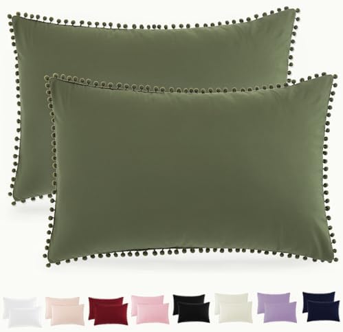 Pom Poms Pillow Shams Queen Size Set of 2, Olive Green Decorative Pillowcases by HommxJF