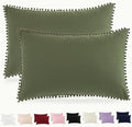 Pom Poms Pillow Shams Queen Size Set of 2, Olive Green Decorative Pillowcases by HommxJF