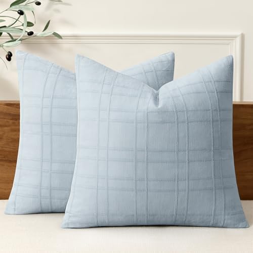 MIULEE Linen Plaid Pillow Covers Decorative Euro 24x24 Coastal Blue by MIULEE