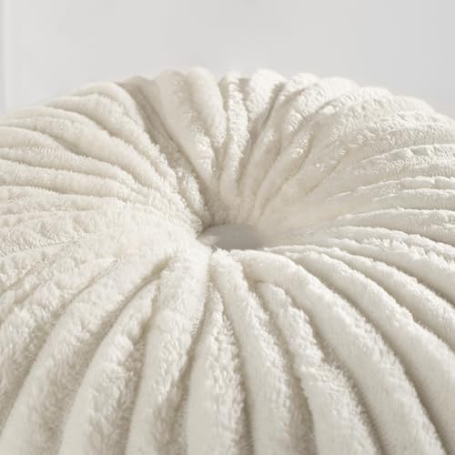 HIG Set of 2 Off White Flannel Decorative Round Pleated Throw Pillows - Image 2