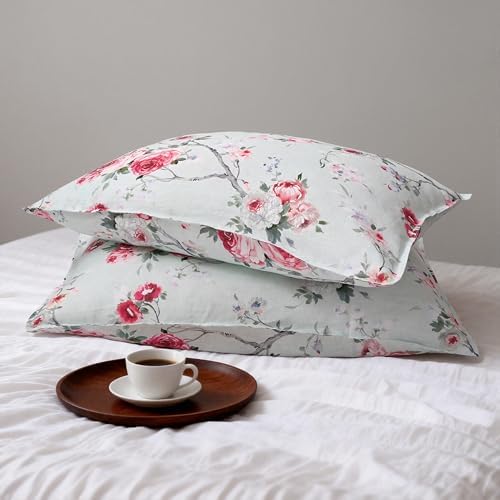 CHUFFED 100% French Linen Pillow Cases Pink Rose Print, Farmhouse Floral Stone by Chuffed