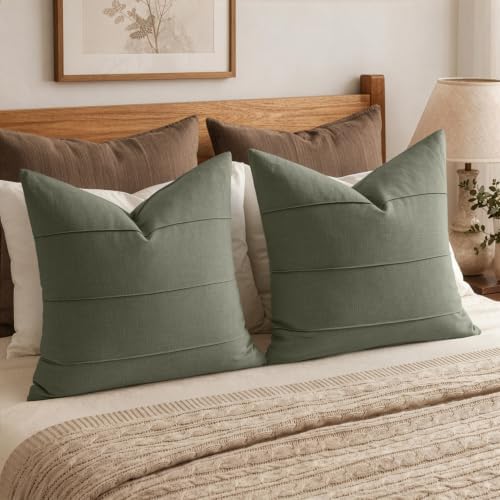 MIULEE Euro Decorative Linen Throw Pillow Covers 24x24 Olive Green Striped - Image 2