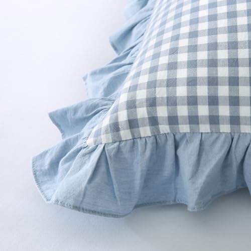Mywinlle Dusty Blue Plaid Ruffle Gingham Euro Pillow Shams 26"x26" - Image 6