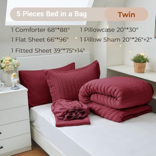 MUXHOMO 5 Pieces Twin Comforter Set, Seersucker Bed in a Bag Twin Size - Image 4
