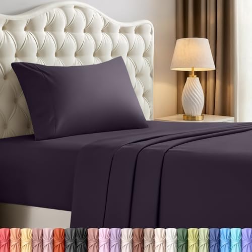 Twin Sheets Set, 3 Pieces 16" Deep Pocket Hotel Luxury Sheets, Dark Purple by UTOPIABEDDING