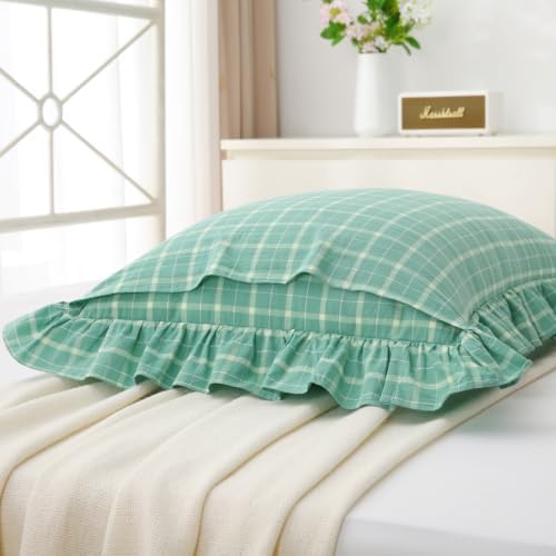 Mywinlle Mint Green Plaid Ruffle Pillow Shams Standard Size Set of 2 - Image 4