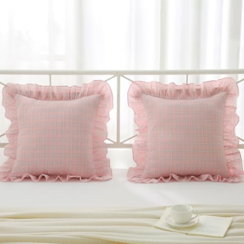 Mywinlle Blush Pink Plaid Ruffle Throw Pillow Shams 18"x18" Set of 2 - Image 7