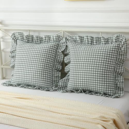 Mywinlle Dusty Green Gingham Plaid Ruffle Throw Pillow Covers 20"x20" - Image 2