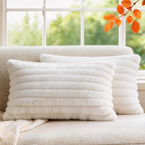 Set of 2 Decorative Throw Pillow Covers 20x12, Faux Fur Cream White by MEGAYESHome