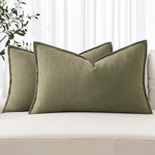 MIULEE Decorative Linen Lumbar Pillow Covers 12x20 Inch Light Olive Green by MIULEE
