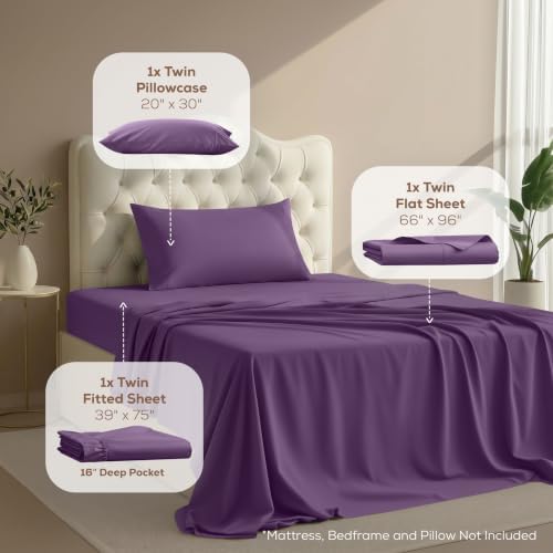 Twin Sheets Set, 3 Pieces 16" Deep Pocket Hotel Luxury Bedsheets, Egg Plant - Image 2