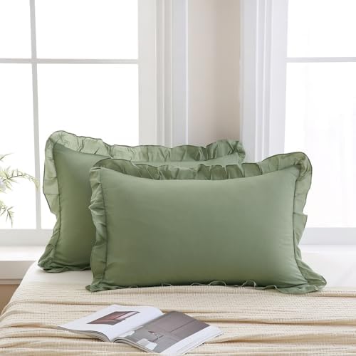 Merryword Avocado Green Pillow Shams Green Ruffle Standard Pillowcases Cute - Image 2