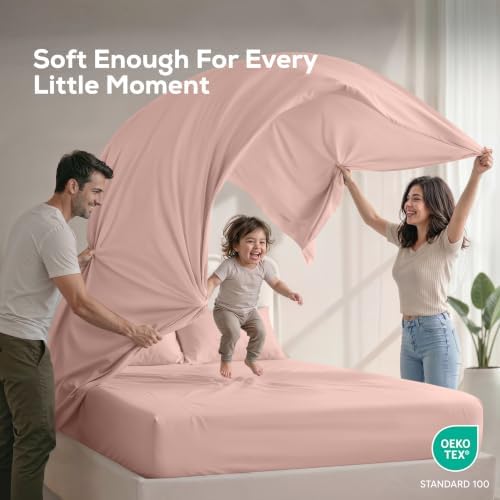 California King Sheets Set, 4 Pieces 16" Deep Pocket Bed Sheets, Blush Pink - Image 5