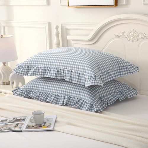 Mywinlle Blue Gingham Ruffle Pillow Covers Queen Size Set of 2 - Image 2