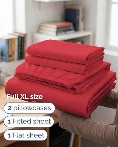 Full XL Sheets - 4 Piece Full XL Sheet Set - Breathable & Cooling - Red - Image 3