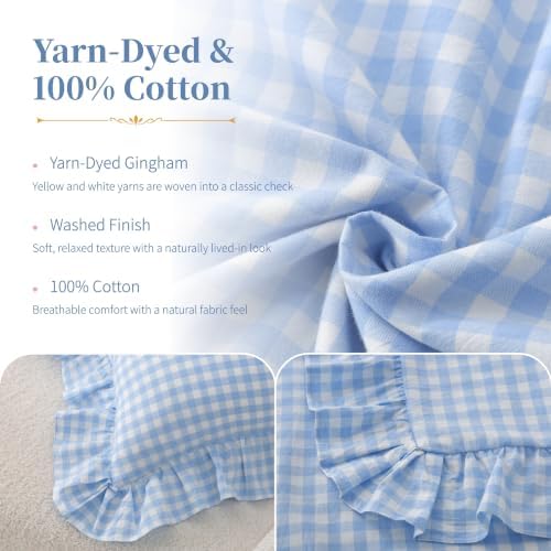 Gingham Throw Pillow Covers 18x18, Sky Blue, Ruffle Trim - Image 3