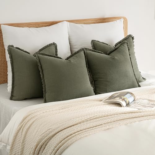 MIULEE Fall Linen Fringe Pillow Covers Set of 4 18x18 Olive Green - Image 5