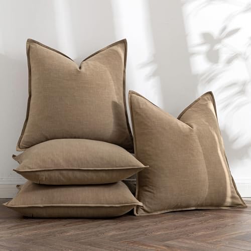MIULEE Khaki Boho Linen Decorative Pillow Covers 18x18 Inch Pack of 4 - Image 5