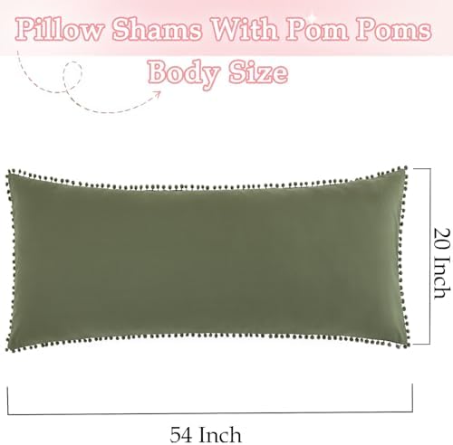 Pom Poms Pillow Shams Body Size, Olive Green Decorative Pillowcases - Image 3