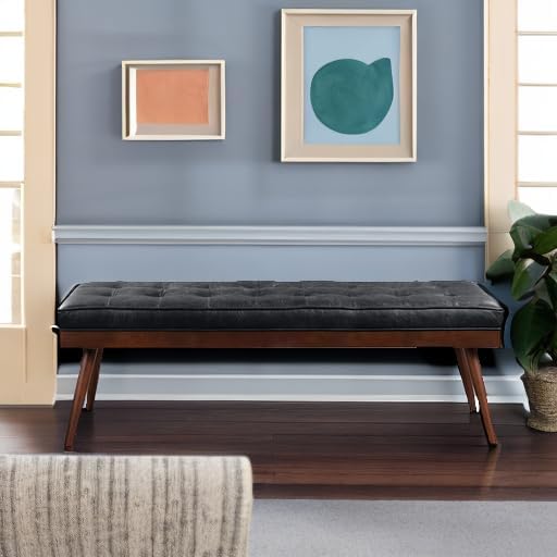 Poly & BARK 55" Tufted Leather Bed Bench for Bedroom End of Bed - Living Room Entry Way Bench - Pure Italian Leather Upholstery with a Solid Wood Frame - Ottoman Bench with Wooden Legs - Onyx Black