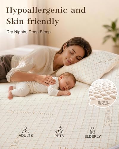 Waterproof Mattress Protector Organic Cotton Blend Cover Full Beige - Image 6