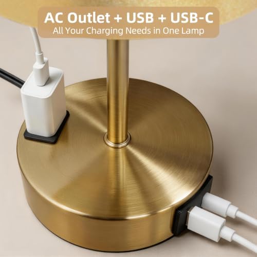 Bedside Table Lamp, Dimmable Touch, AC Outlet, USB A+C (Gold) - Image 2