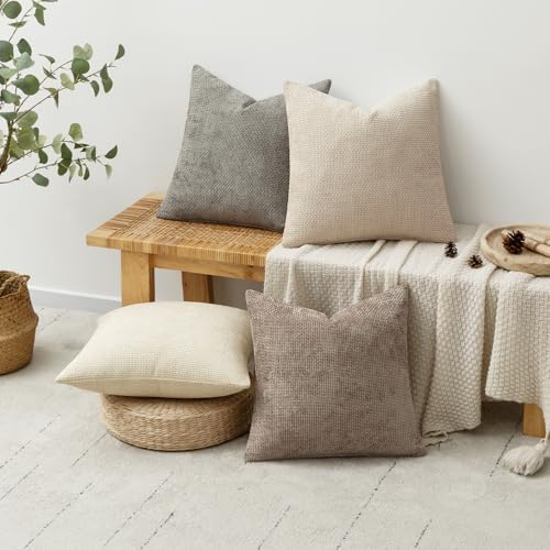 MIULEE Decorative Chenille Pillow Covers Neutral Beige 18x18 Pack of 4 - Image 4