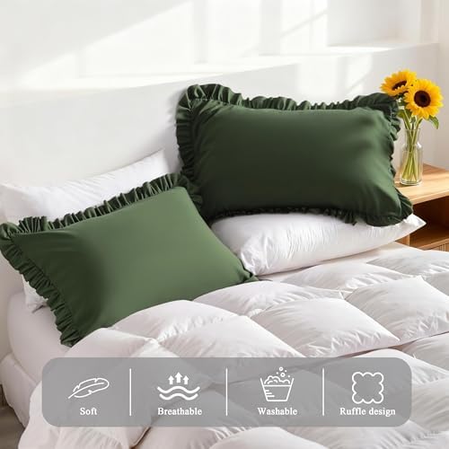 Ruffled Standard Pillow Shams, 2 Pack, 20x26 Inches, Olive Green - Image 4
