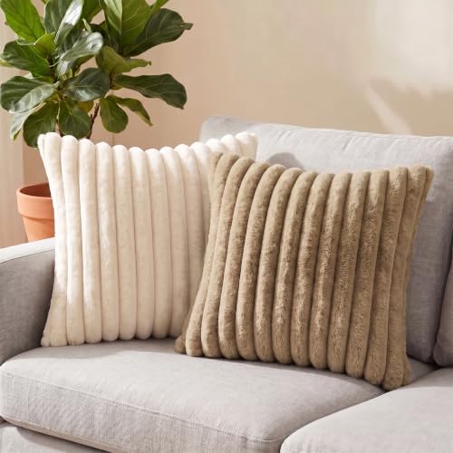 Set of 2 Decorative Throw Pillow Covers 20x12, Faux Fur Khaki - Image 6