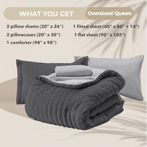 HYMOKEGE Dark Grey/Light Grey Oversized Queen Comforter Set Seersucker 7 Pieces - Image 5