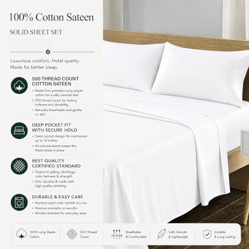 Feather & Stitch 100% Cotton Sateen 500 TC Full Size Bed Sheet Set - Image 6