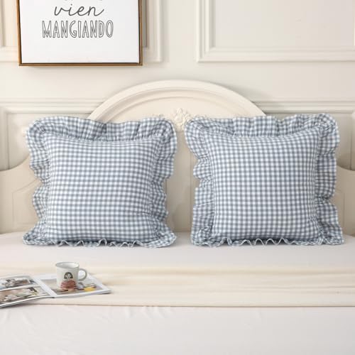 Silnuo 2 Pack Blue/White Plaid Gingham Ruffle Throw Pillow Covers 18"x18" - Image 6