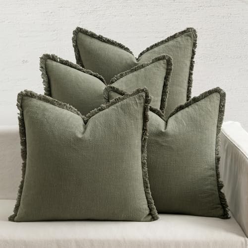 MIULEE Fall Linen Fringe Pillow Covers Set of 4 18x18 Olive Green by MIULEE