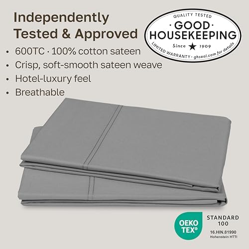California Design Den 600 TC Set of 2 Pillowcases Queen, Mist Grey - Image 2