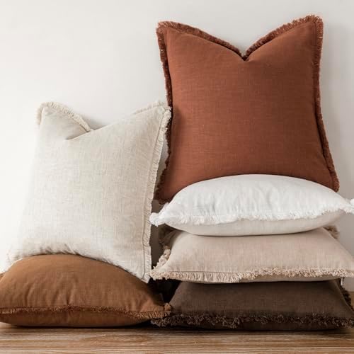 Foindtower Decorative Linen Fringe Throw Pillow Covers 24×24 Orange Brown - Image 5
