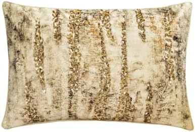 The HomeCentric Gold 12"x24" Lumbar Pillow Cover, Linen Beaded Sequins Oblong by TheHomeCentric
