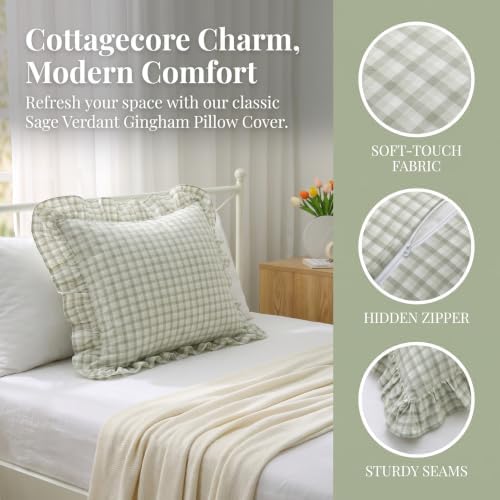 Mywinlle Gingham Ruffle Throw Pillow Shams, Muted Sage Green - Image 3