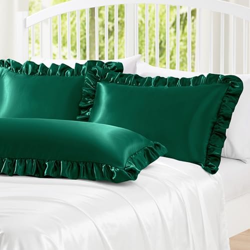 Homiest Blackish Green Ruffle Satin Pillowcase Set of 2 - Image 2