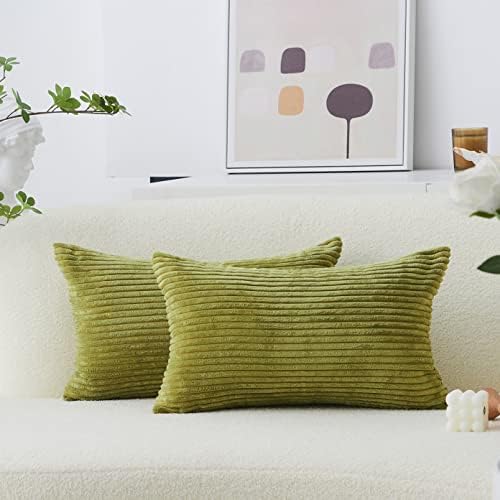 Home Brilliant Green Throw Pillow Covers 12x20 Striped Corduroy Solid Set of 2 by HomeBrilliant