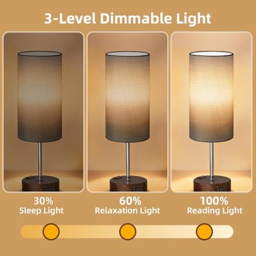 Table Lamp, Dimmable Touch, AC Outlet, USB A+C (Grey&Walnut) - Image 3